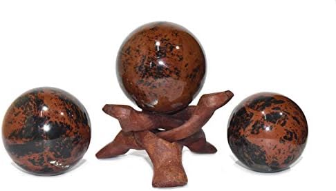 Healings4u Сфера От Червено Дърво, Обсидиан, Размер на 2,5-3 инча и Една Дървена Поставка за Топката, Естествен