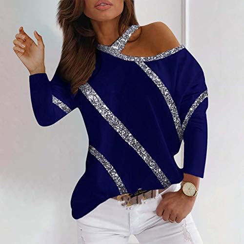 Свободна Блуза с дълги ръкави и Отворени Рамене, Женска Риза С Лъскави Ивици, Блузи в стил Мозайка С V-образно деколте