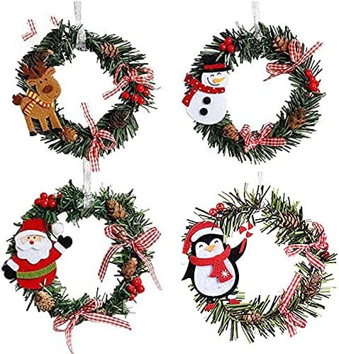 4 бр. Коледен Венец Декор Коледен Борова Венец за Входната врата с Снеговиком, Дядо Коледа, Лосем, Пингвин