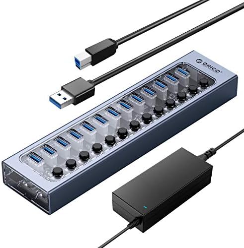 ORICO USB Хъб 3.0, захранвани от 13 портове USB Data Hub с адаптер на захранване 12V5A, отделни изходи за захранване и светодиодите,