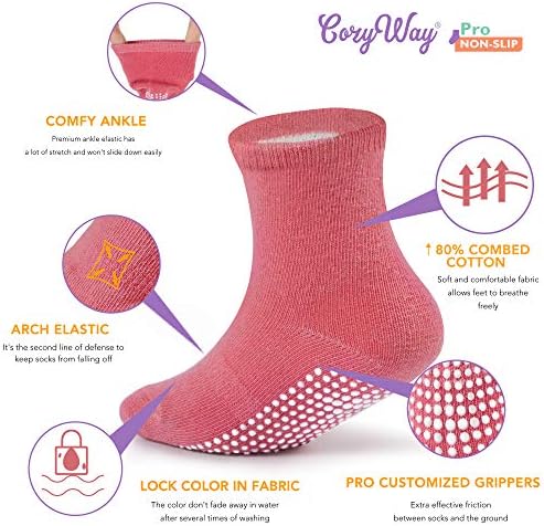 Нескользящие чорапи CozyWay Crew Grip, 12 Двойки за момичета, Пастелни цветове, на 5-7 години