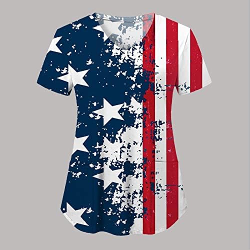 Тениски с Флага на САЩ за жени, на 4 Юли, Лятна Тениска с Къс ръкав и V-образно деколте, 2 Джоба, Блузи, Празнична