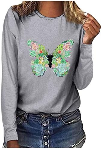 RMXEi Дамски Ежедневни Свободна Блуза с кръгло деколте и дълъг ръкав и Принтом Пеперуди, Тениска