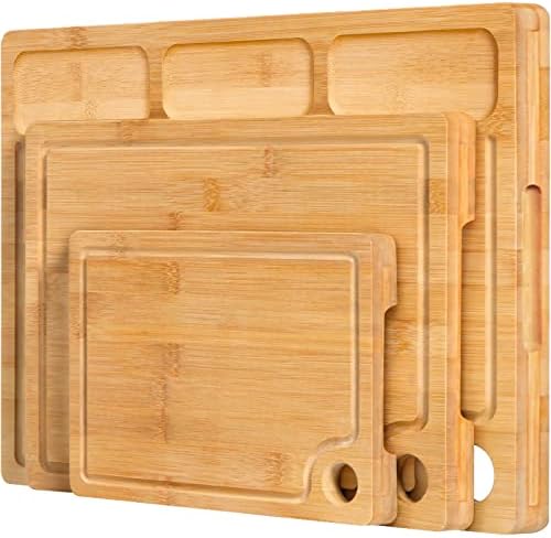 Бамбукови дъски за рязане за кухня, (Комплект от 3) Кухненска дъска за Рязане с 3 Вградени отделения и желобком за