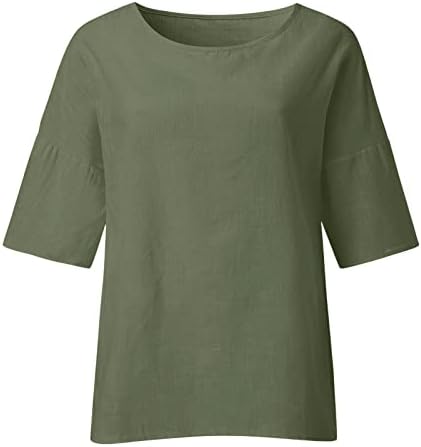 Жена Лятна Ленена топ, Тениска, Лека Тениска с кръгло деколте и 3/4 ръкави, Обикновена Ежедневни Блузи Свободно, Намаляване,